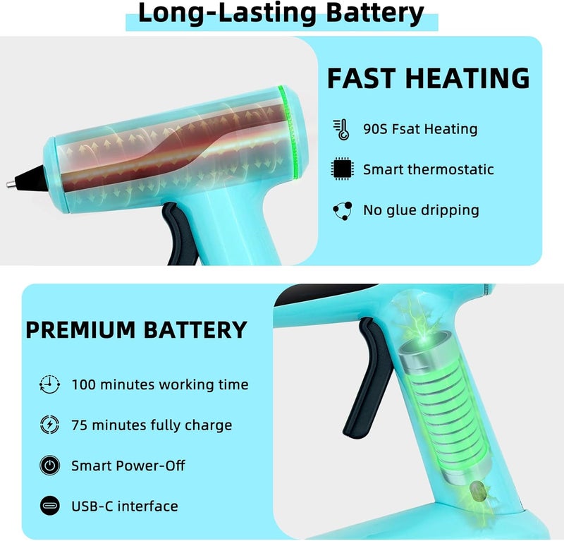 Fifchall Cordless Hot Glue Gun, Rechargeable Hot Melt Glue Gun 2Ah Built-in Battery Smart Power-Off, Mini Glue Gun Kit with 30pcs Premium Glue Sticks, 10pcs Wood Craft Sticks, Case for DIY, Arts &Crafts - Image 3